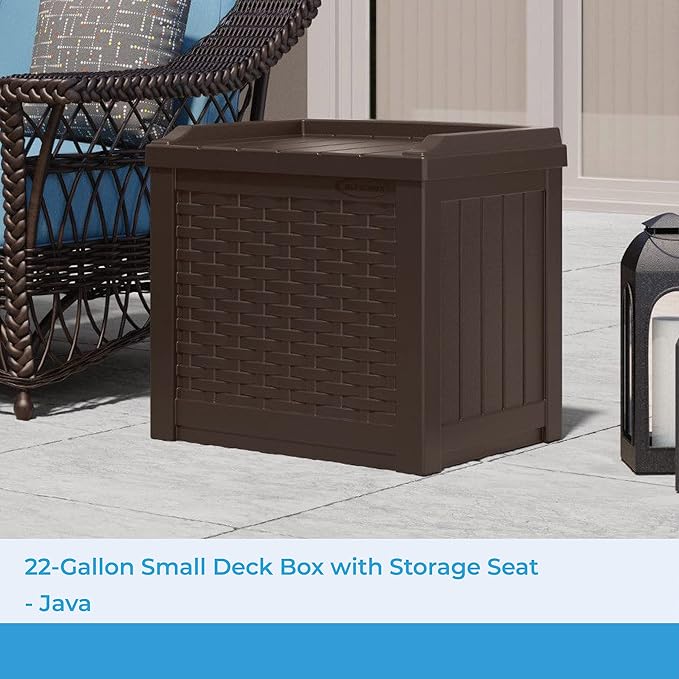 Suncast 33 Gallon Durable Plastic Hideaway Outdoor Garbage Can with Secure Lid and Wicker Design for Home Backyards, Decks, or Patios, Java Brown & 22 Gallon Small Resin Storage Seat, Java, SSW600J