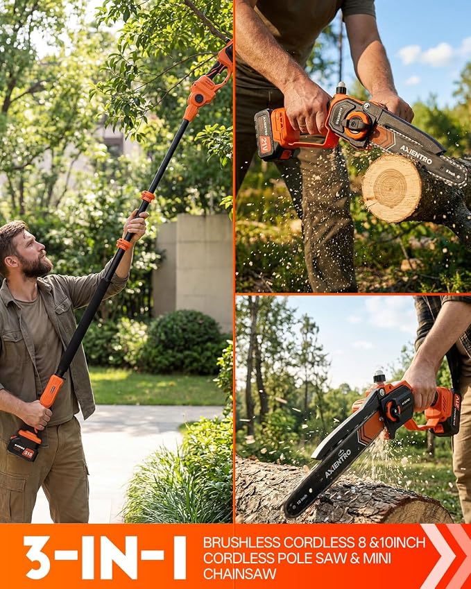 Electric Pole Saws for Tree Trimming, 3-in-1 Bruless Motor Mini Chainsaw & Pole Saw, 8‘’ & 10‘’ Cordless Chainsaw with Extendsion Pole, 2x4000mAh Li Batteries & Charger, 16FT Max Reach