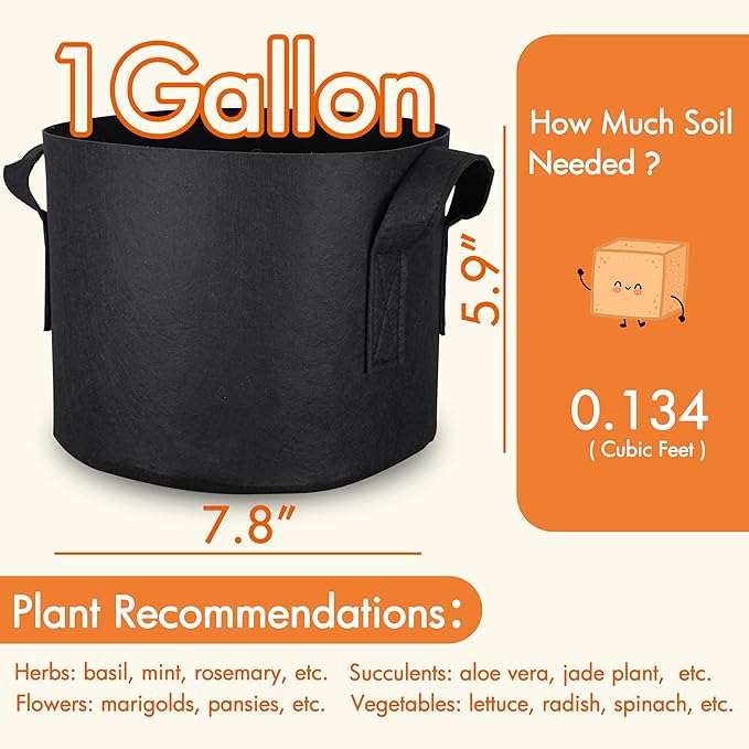 Gardzen 10-Pack 1 Gallon Grow Bags, 300G Thickened Fabric Grow Bags with Handles, Heavy Duty Aeration Plant Grow Bags for Indoor & Outdoor Use