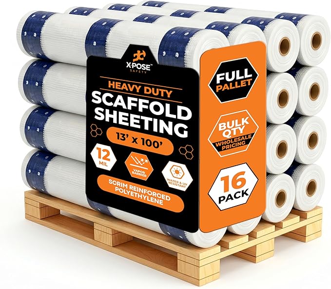 Xpose Safety Fire-Retardant Scaffold Sheeting 13' x 100' – Bulk Full Pallet 16 Packs – 12 Mil White Polyethylene, Heavy Duty Reinforced, UV, Tear-Resistant Construction Wrap for Weather Protection