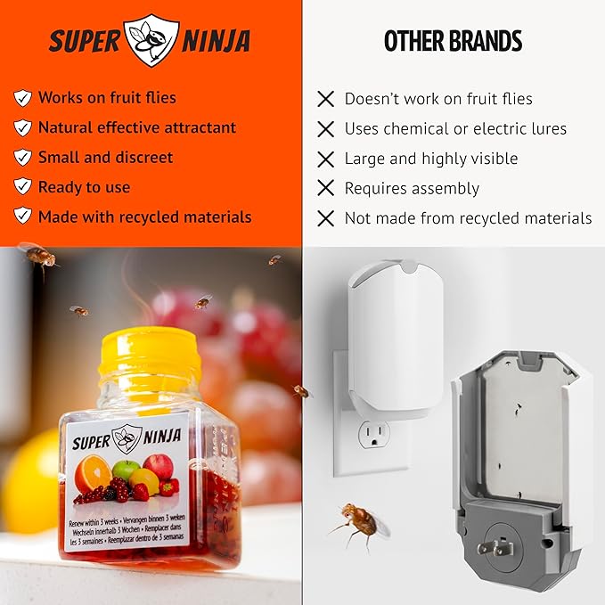 Super Ninja Fruit Fly Traps for Indoors - 12 Pack, Highly Effective Fruit Fly Catcher for Indoor Use for Home & Kitchen, Up to 3 Weeks of Performance per Bottle, Kid & Pet Friendly