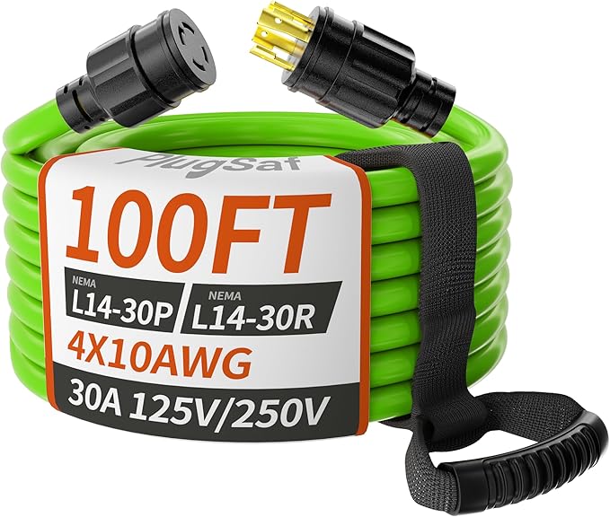 PlugSaf 100FT 30 Amp Generator Extension Cord 4 Prong, NEMA L14-30P/L14-30R 10 Gauge STW 125/250V Twist Lock Generator Cord Heavy Duty, Green ETL Listed