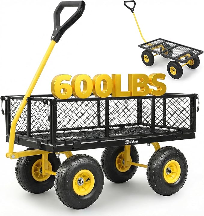 Sekey 600lbs Steel Mesh Garden Cart for Patio & Backyard, Utility Wagon with Removable Sides (Convertible Flatbed), 10" Rubber Tires, Black