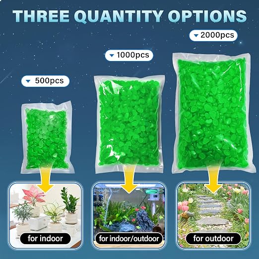 PoYang 1000pcs Glow in The Dark Rocks Outdoor - Green Resin Glowing Pebbles for Landscaping, Garden, Fish Tank and Aquarium Indoor Decor, Powered by Sunlight or Lamplight (0.4"-0.7"/pc, 1.2lbs/Bag)
