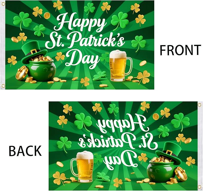 St Patrick's Day Flags 3x5 Outdoor Double Sided Flag 5x3 Ft Green Shamrocks Irish Holiday Decorations – Durable Polyester St Patricks Day Banner with White Header & 2 Brass Grommets for Yard House Garden