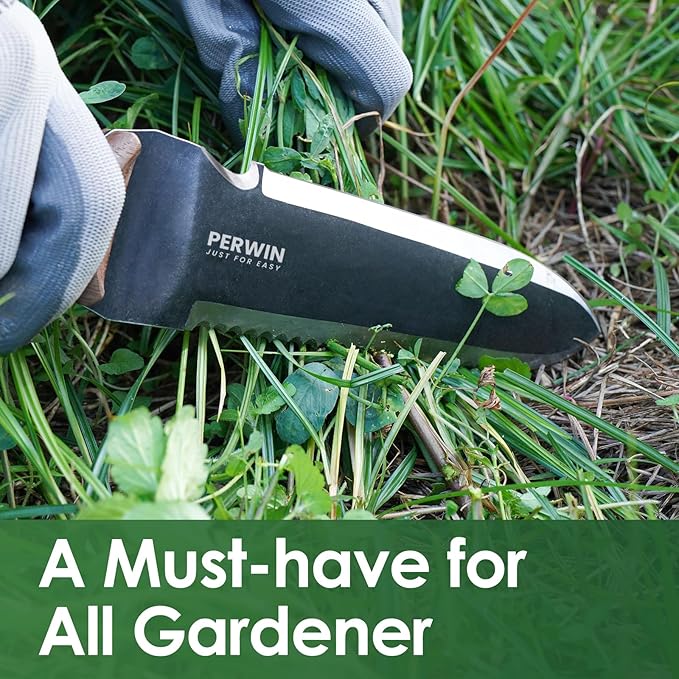 PERWIN Hori Hori Garden Knife, Garden Tools with Sheath for Weeding, Planting, Digging, 7" Stainless Steel Blade with Cutting Edge, Full-Tang Wood Handle with Hanging Hole