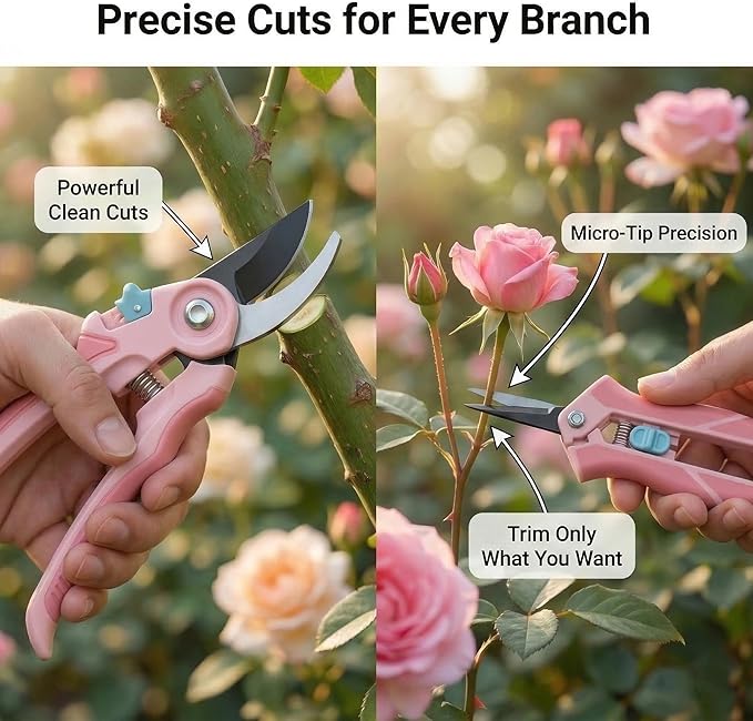 NEXON Garden Pruning Shears 2 Pack, 8" Bypass Hand Pruner & 6.25" Precision Garden Scissors, Professional Garden Clippers for Plants and Flowers Pink