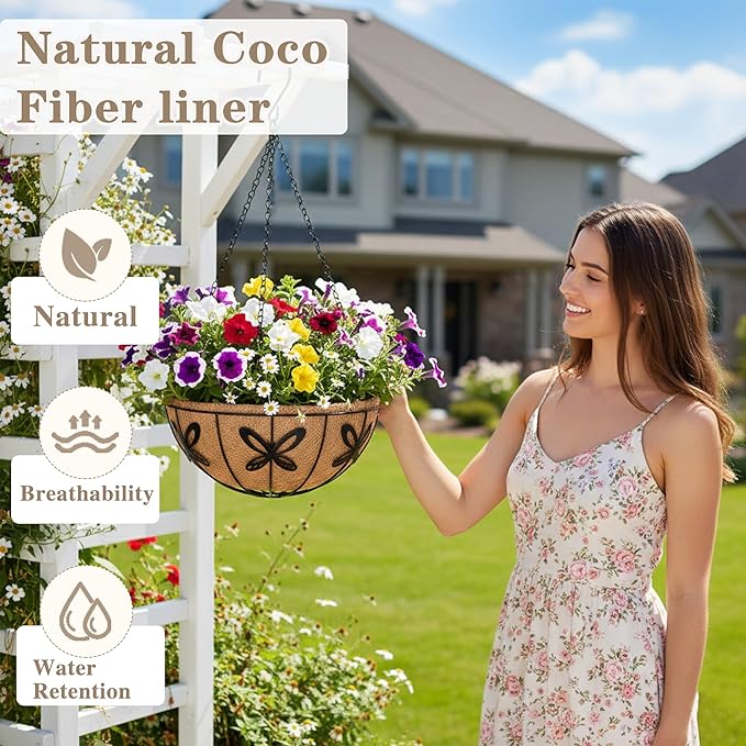 EIMQUVW Outdoor Metal Hanging Planters Basket (4pack, 12 inch) Hanging Baskets for Plants Chain Round Wire Plant Holder with Coco Fiber Liners for Garden, Patio, Deck, Porch(Butterfly)