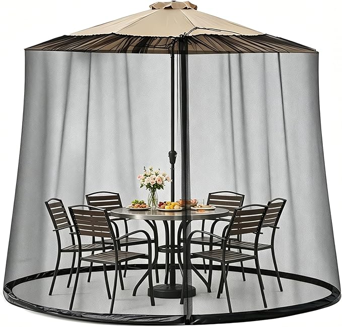 9-11 FT Outdoor Mosquito Netting for Patio, Windproof Universal Umbrella Mosquito Net for Patio Garden Backyards, Polyester Mesh Outdoor Umbrella Screen with Zipper (Black)