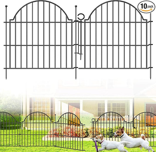 Blingluck Decorative Metal Garden Fence with Gate Lock 10 Panels, 24in (H) x 20ft (L) No Dig Dog Fence Outdoor for Yard, Temporary Rustproof Metal Wire Rabbit Dog Garden Border Fencing for Patio