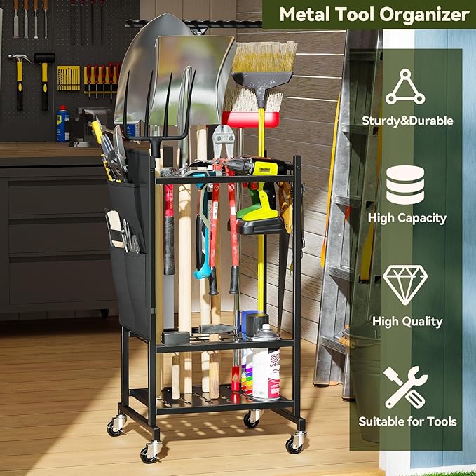 Garden Tool Organizer, Yard Tool Holder Rack with Hooks and Pockets, Rolling Heavy Duty Metal Garage Tool Storage Cart for Outdoor, Black