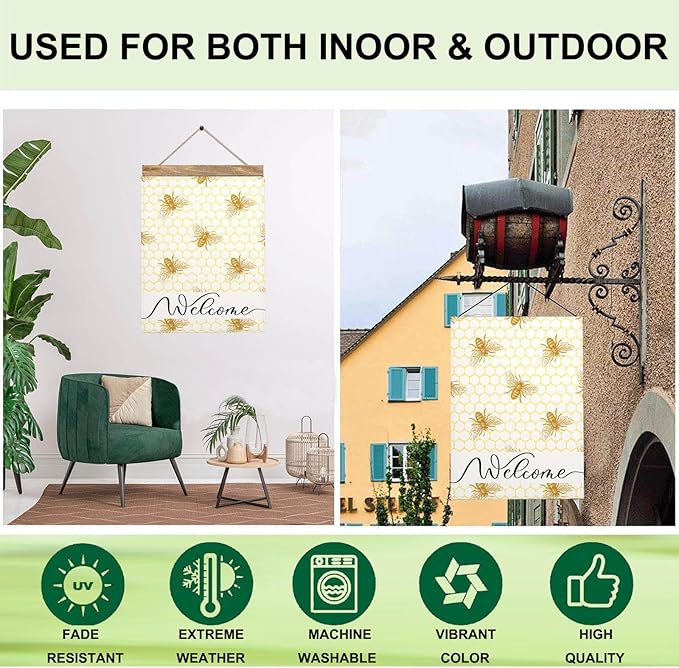 Mugod Welcome Flying Bee Garden Flag 12.5x18 Inch Double Sided, Honeycomb & Bees Yard Flag for Outdoor House Porch Patio Lawn Decor