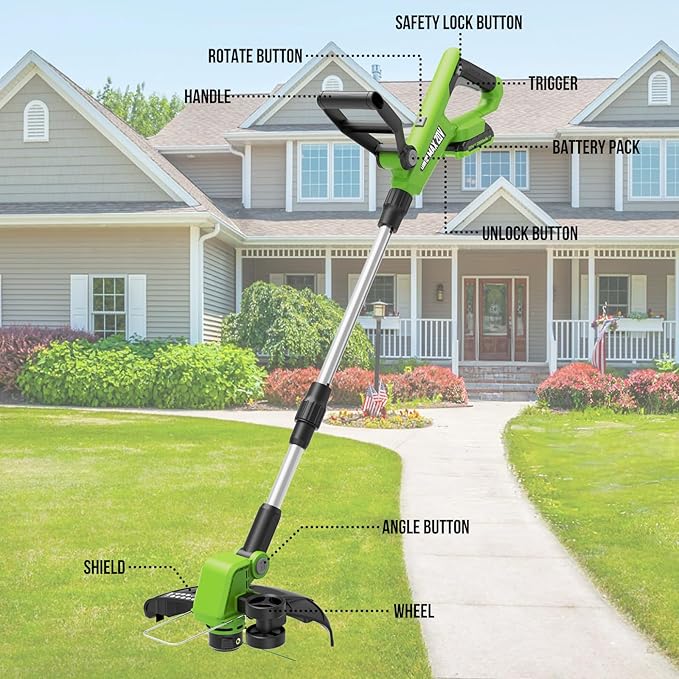 VARSK 12 Inch 20V Cordless Weed Wacker with Automatic Line Feed, 2 in 1 String Trimmer and Edger, Includes 2 X 2.0Ah Batteries/1 X Charger/6 X Replacement Spools, Weed Eater for Lawn, Garden, etc