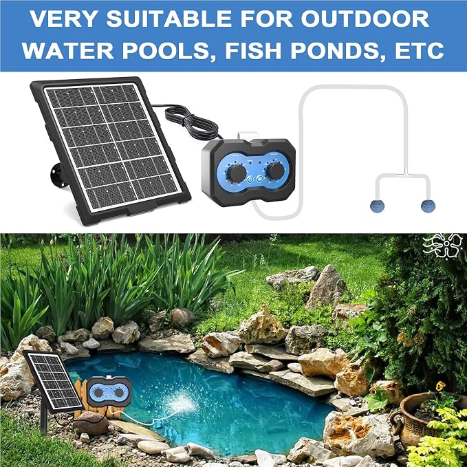 Solar Oxygen Pump for Pond, Solar Air Pump with Timer, Pond Aerator, Bubble Adjuster, 2 Modes for Small Fish Tank Hydroponics