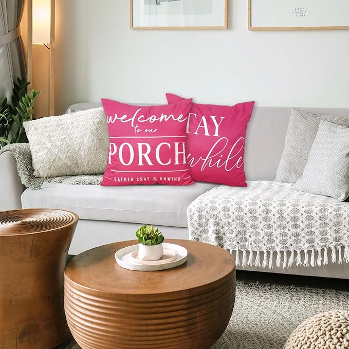 TAJWE Pink Outdoor Pillow Covers Waterproof 18x18 Set of 2 Decorative Welcome to Our Porch Stay Awhile Cushion Cases for Patio Furniture Sofa Couch Decor
