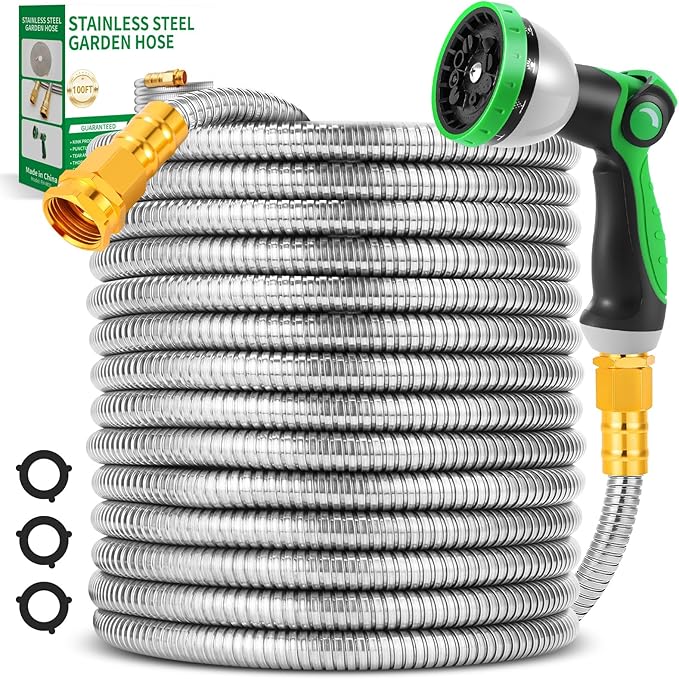 Toolasin Garden Hose 100FT, Flexible Stainless Steel Water Hose with 10-Function Nozzle, No-Kink, Leak-Proof, Wear-Resistant, 3/4 GHT, Easy to Use and Store, Ideal for Garden, Yard, Outdoor