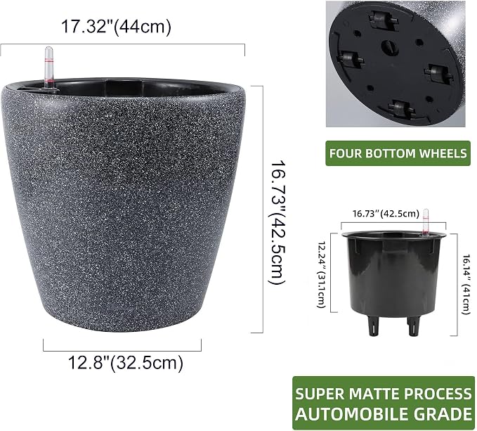 Dexceder 18x17 Self Watering Planter with Wheels (Stone Matte) | Inner Pot Design, Thickened Large Floor Standing Flower Plant Pot with Water Level Indicator Indoor Outdoor