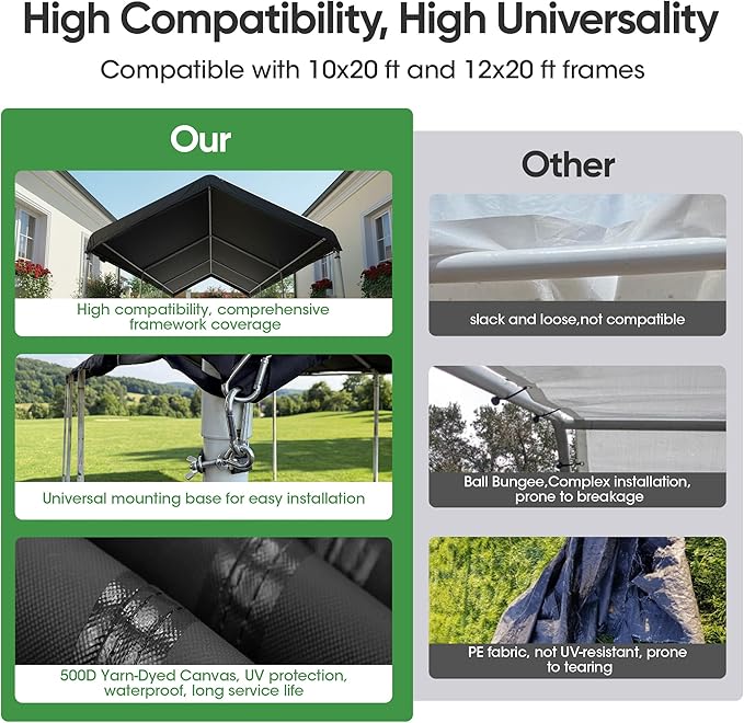 SIHAIAN 10 x 20 Ft Carport Replacement Canopy Cover(No Frame), Easy to Set up Carport Canopy, 500D Heavy-Duty Garage Top Tent Shelter Tarp Waterproof and UV Protected (Only Canopy Cover) Black