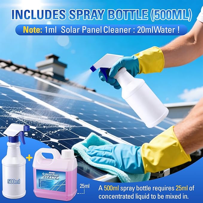 Solar Panel Cleaner 32oz (20X Concentrate, Makes 150 Gallons), Solar Panel Cleaning Fast Evaporating Formula, Includes 500ml Dilution Spray Bottle (Bottle Only), Multi Surface Use