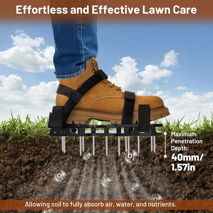 Lawn Aerator Shoes, Pre-Installed Two-Layer Spike Aerator Shoes Tool with Hook-and-Loop Adjustable Straps, Durable and Self-Cleaning for Patio Garden Soil and Plat Grassland, B & S