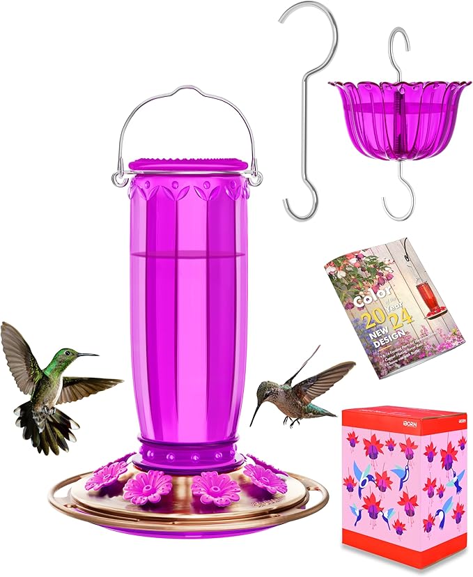 iBorn Hummingbird Feeders for Outdoors Hanging with Ant Moat for Hummingbird Feeder Glass 8 Ports for 16oz Hummingbird Nectar,Fuchsia Magenta, Copper Brush Cover,Pack of 1