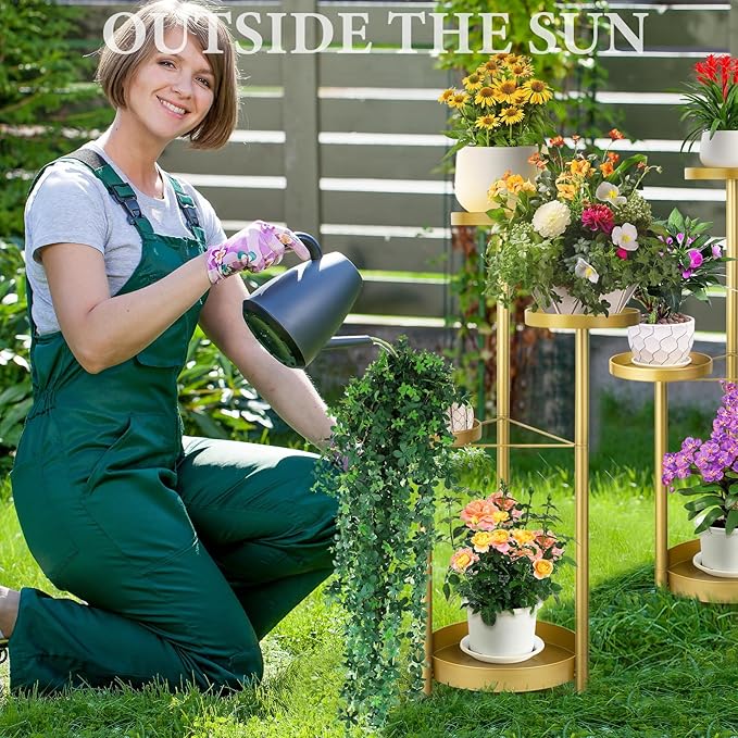 Matekxy Metal Plant Stand Indoor Outdoor 4-Tiper with 4 Flower Pot Holders Corner Tall Plant Shelves Multiplel Foldable Planter Rack Display Shelves for Livingroom, Bedroom, Office - Gold