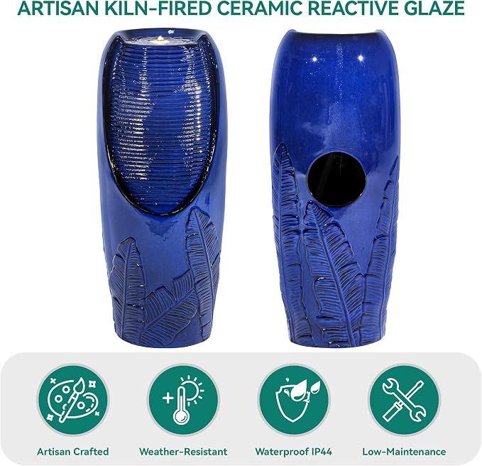 AUTODAYA 33" Tall Outdoor Garden Fountain with LED Lights, Modern Ceramic Jar Water Fountain, 3D Tropical Leaf Pattern, Cobalt Blue Glaze, Soothing Cascading Waterfall for Relaxing Patio, Yard, Porch
