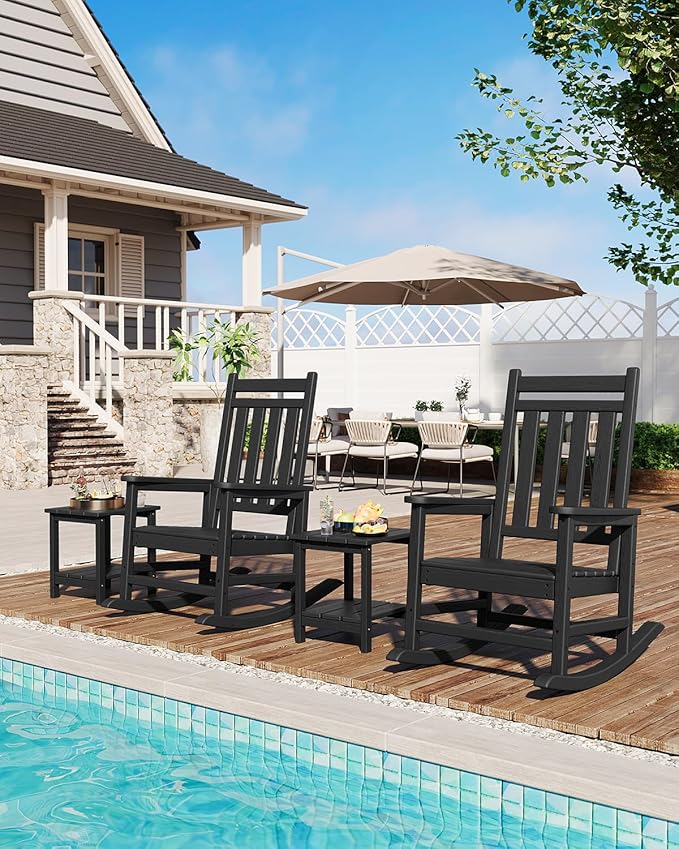 GarveeLife Rocking Chair Outdoor Set of 2 - HDPE Poly High Back Porch Rocker Chairs for Adults - All Weather Resistant Furniture for Patio Front Porch - Black