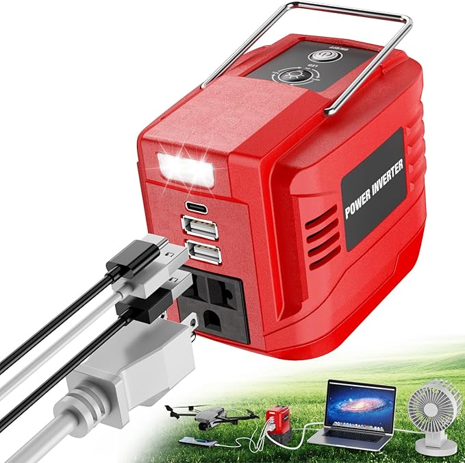 VAXCANZE 200W Power Inverter for Milwaukee, DC 20V to AC 110V Inverter, Portable Power Station with 2 USB Ports & 1 AC Outlet & 1 Type-C Fast Charging, Battery Adapter with LED, Battery Not Include
