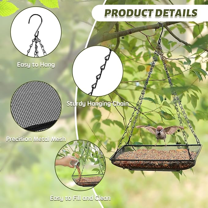 MIXXIDEA Hanging Bird Feeder Tray 11x11 Inches, Metal Mesh Platform Seed Feeder with Durable Chains for Outdoors Outside Great for Attracting Wild Birds, 2 Pack