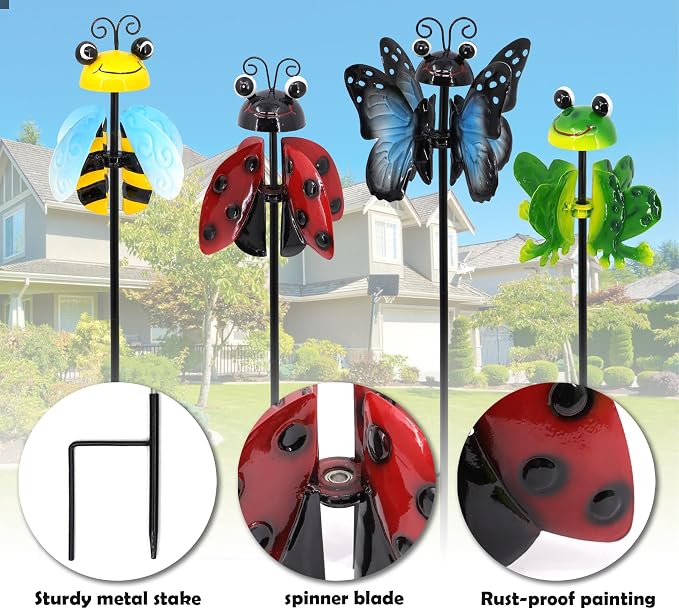 4 Pack Metal Wind Spinners for Yard, 360° Rotating Garden Stake with Butterfly Frog Bee Ladybug, Kinetic Outdoor Art Decor, All-Weather Lawn Ornament Gift