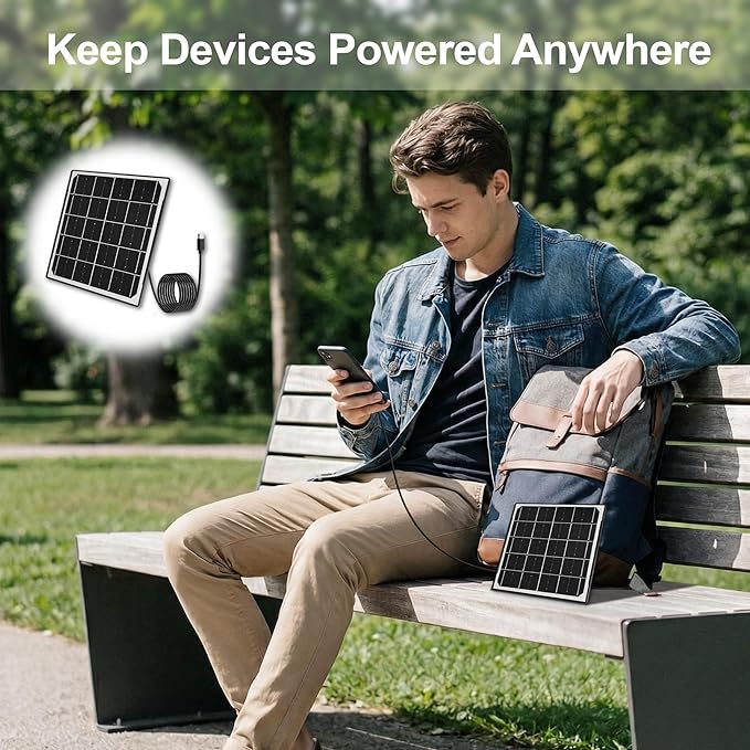 Eco-friendly 6W 5V Monocrystalline Solar Panel, Type-C Interface, IP66 Waterproof, 6.5-foot Cable, High Conversion Rate, Compatible with Various Electronic Devices
