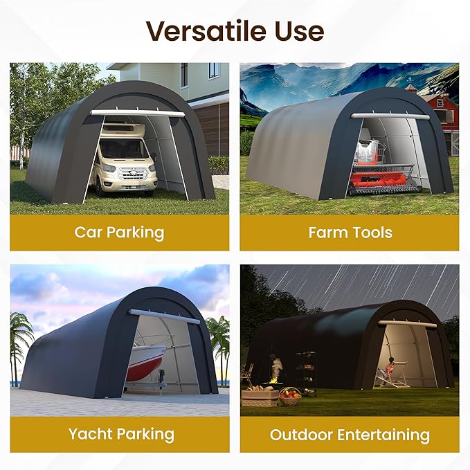 Heavy Duty Carport 12X25FT, Portable Garage with 2 Roll Up Doors Vents and Metal Round Roof, Outdoor Storage shed Car Port Canopy Tent for Garden Tools, Vehicle Truck Boat, Party, Dark Gray