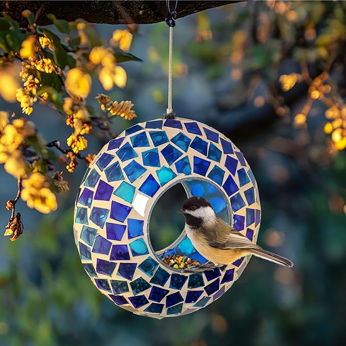 Sunnydaze 6-Inch Glass Mosaic Hanging Bird Feeder for Outdoors - Fly-Through Glass Bird Feeder for Cardinals, Jays, Finches and More - Blue Mosaic