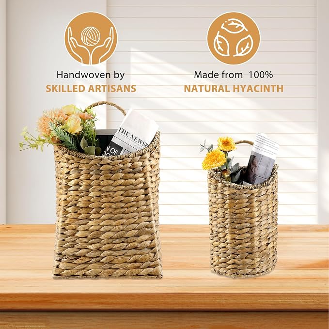 2 Pack Woven Hanging Basket Set, Wicker Wall Baskets Handmade Seagrass Planters for Front Door, Garden, Farmhouse Home Decor