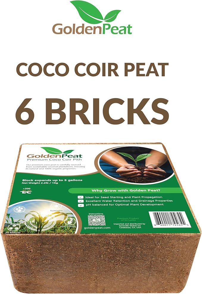 Organic coco pith block (6 x 1 kg Blocks) - Low EC, sustainable growing medium for gardens, pots & seed starters. Just add water to transform these compact blocks into 84L of fluffy nutrient-rich coir