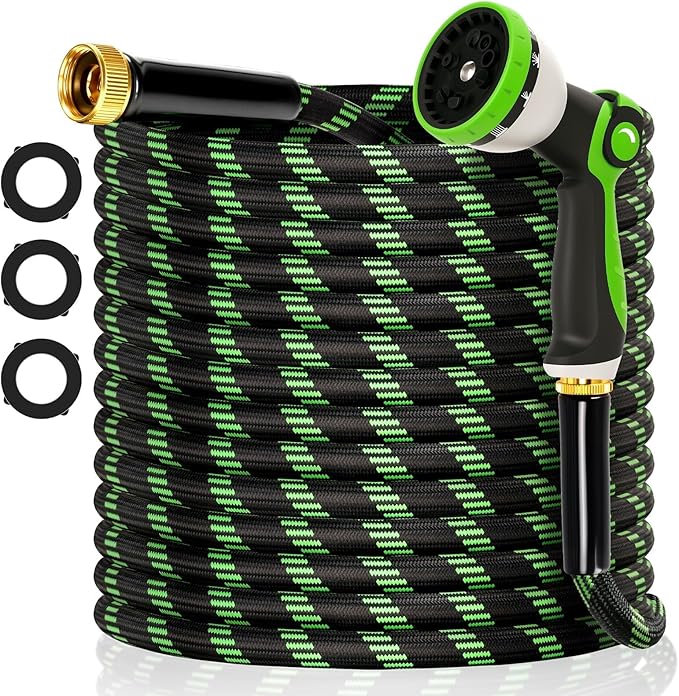 Garden Hose 100 ft Flexible Water Hose Non-Expanding Lightweight Kink-Free Hoses Durable Leak-Proof High Pressure Pipe with 3/4” Brass Fitting 10 Function Nozzle for Outdoor Yard Lawn Car Wash