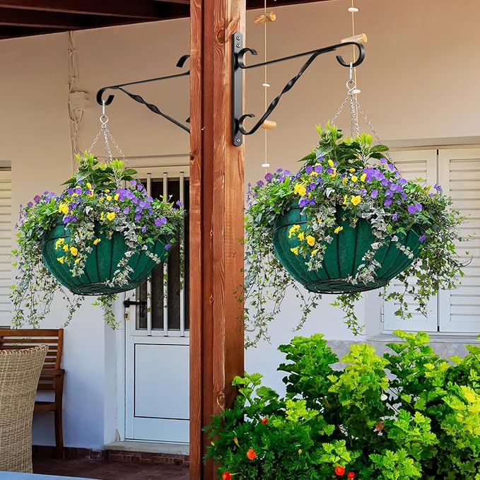 AMAGABELI GARDEN & HOME 2 Pack Hanging Plant Brackets Outdoor 10 inch Metal Fence Wall Plant Hanger Hooks for Hanging Flower Baskets Bird Feeders Lanterns Wind Chimes Rust-Resistant Black