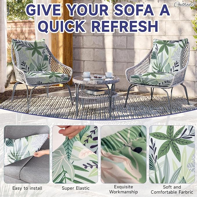 CALBODE 12 Pcs Stretch Outdoor Seat Cushion Covers, Washable Chair Seat Cover for Patio Furniture Cushions Soft Indoor and Outdoor Couch Cover Replacement (Green Leaves, Cover Only)