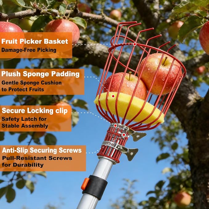 26FT Reach Fruit Picker Pole with Basket Telescoping,5-20FT Fruit Picker Pole with Basket, Apple Picker with Telescoping Long Handle, Fruit Grabber with Sturdy & Adjustable Aluminum Pole for Orange