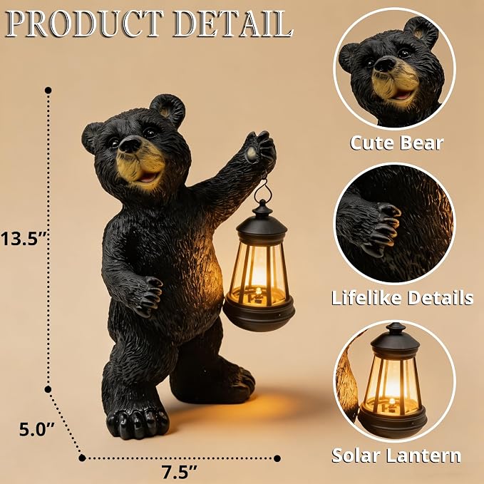 Solar Lantern Garden Statues Decor, 14" Large Outdoor Bear Figurine Lights for Yard Patio Decoration - Unique Christmas Housewarming Gift for Grandma Wowen Mom