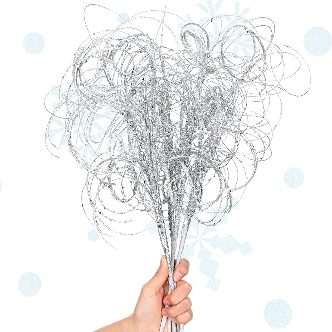 Yinder 18.5'' Glitter Curly Christmas Spray Wispy Christmas Picks Artificial Curly Twigs Branches for Vases Glitter Branches for Xmas Tree Vases Wreath Garland Banquet Decoration, 5 Pieces(Silver)