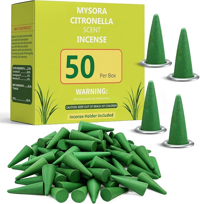 100 Pcs Mosquito Repellent Incense Cones with 4 Metal Dishes, Natural Citronella Incense Cone for Outdoor & Indoor, Suitable for Camping, Hiking, Patio, Poolside, Living Room