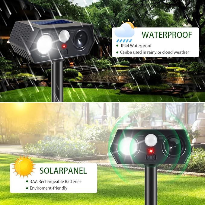 2026 Upgraded Solar Ultrasonic Animal Repellent Deer Deterrent Outdoor Motion Activated with Flash Light Repeller Keep Cat Squirrel Dog Raccoon Skunk Rabbit Away from Yard Garden Lawn 4 Pack