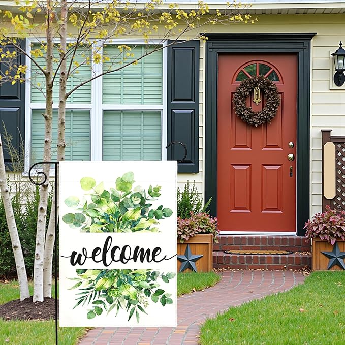Welcome Spring Garden Flag Summer Greenery Watercolor Eucalyptus Leaves House Banner Seasonal Rustic Farmhouse Hosta Planta Yard Flags for Outside Porch Patio Lawn Home Decor 12 x 18 Inch