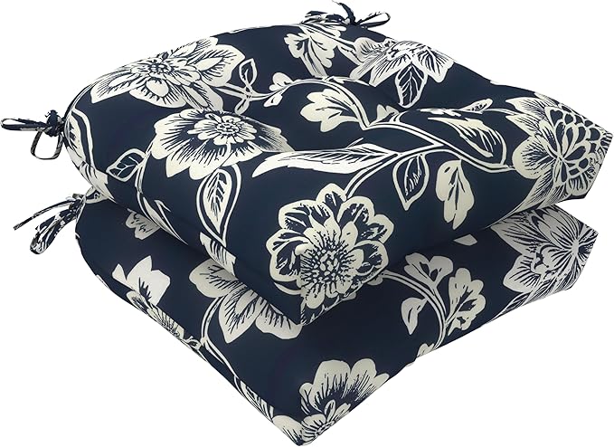 LVTXIII Outdoor U-Shaped Wicker Seat Cushion, Decorative Tufted Chair Pads Round Back Seat Cushion Set for Patio Garden Home Office Furniture, 19"x19"x4", 2 Pack, Elegant Vines Navy