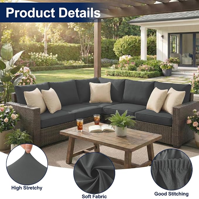Smiry Waterproof Patio Cushion Covers, Stretch Outdoor Couch Slipcovers Replacement Washable Furniture Protector Sofa Chair Seat Cover for Dogs and Pets (8 Pcs, Dark Grey)