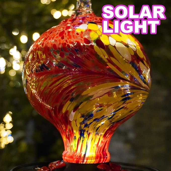 Hummingbird Feeder with Solar Lights for Outdoor Hanging - 27 oz Hand Blown Glass - Gift for Parents Who Have Everything, Red/Flame