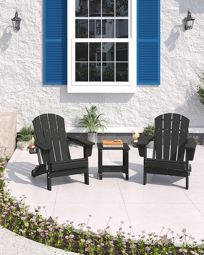 GarveeLife Folding Adirondack Chair Set of 4, All-Weather HDPE Outdoor Chair, Wooden Textured with Cup Holder for patios, Decks, Gardens, fire pits, Black