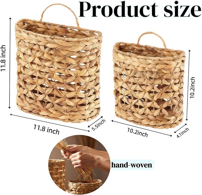 Set of 2 Wicker Wall Hanging Basket, Natural Water Hyacinth Hanging Wicker Decorative Basket, Handmade Woven Storage Organizer for Front Door Mail Flowers Garden House Wedding Wall Decorations